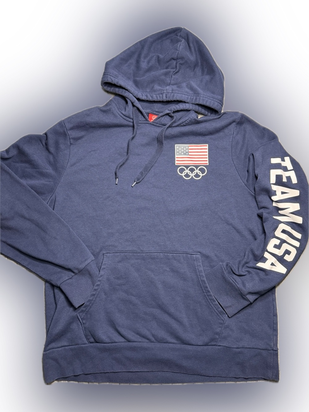 Team Apparel Navy Pullover Hoodie with USA Flag and Olympic Rings L